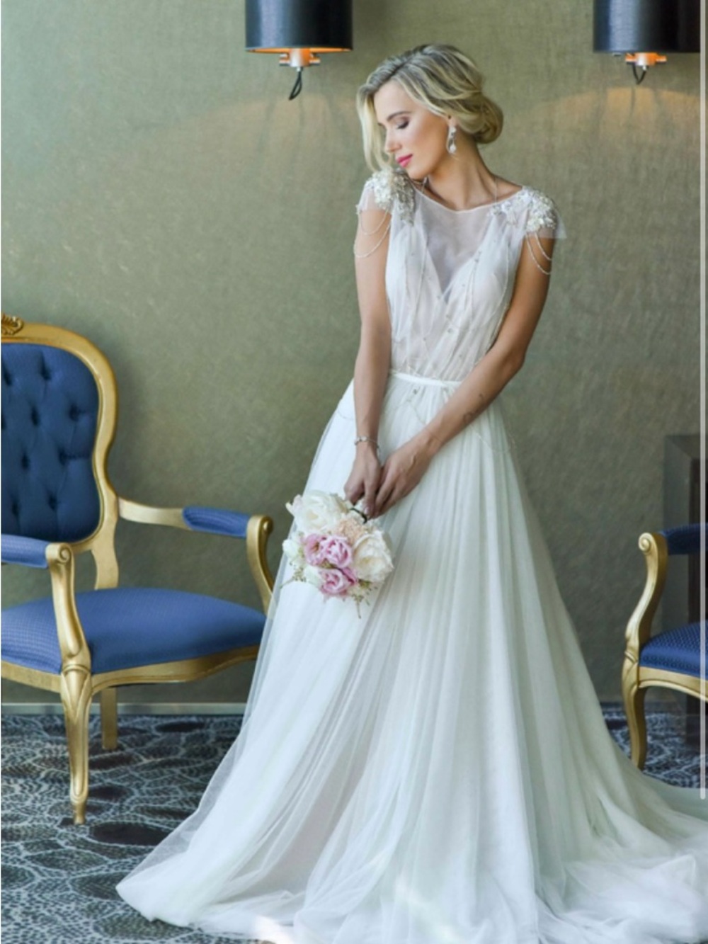 Ivory Sheer-Overlay Wedding Dress with Beaded Cap Sleeves